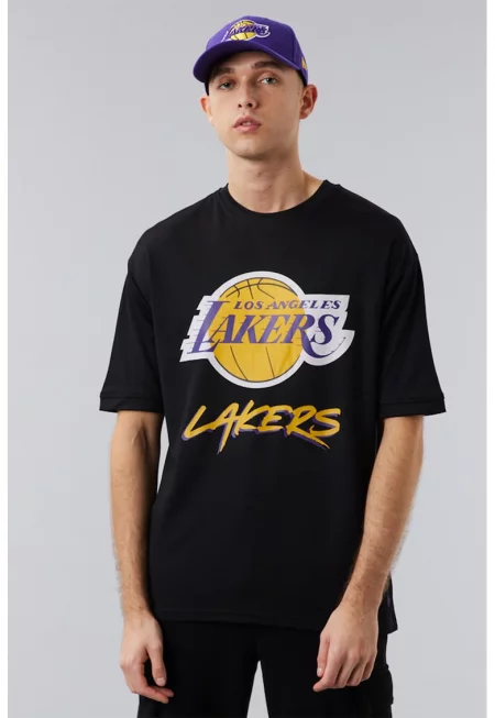 Тениска LA Lakers NBA Script с овално деколте - Черен/Жълт/Аметист