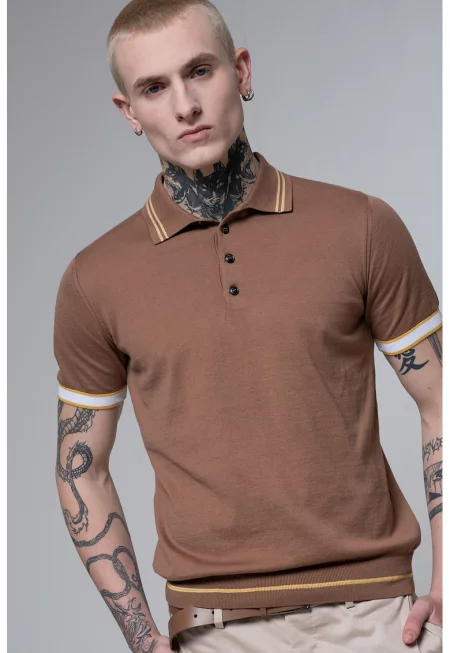 Тениска на райе с яка - Кафяв