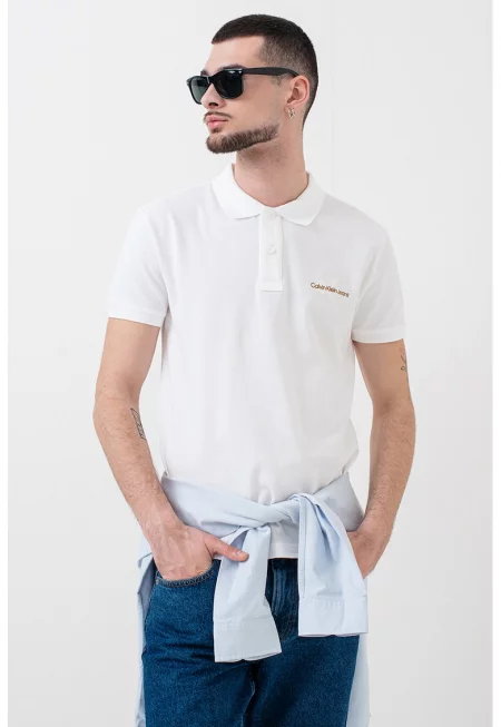 Тениска с яка и лого - Бял/Карамел