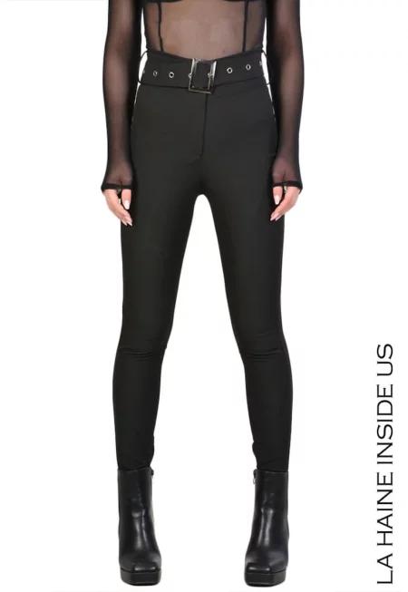 Втален панталон с висока талия и подвижен колан - Черен