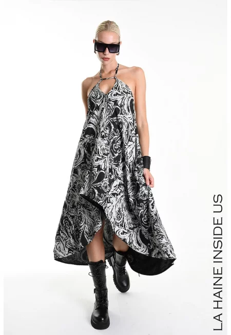 Асиметрична дълга рокля с пейсли принт - Черен