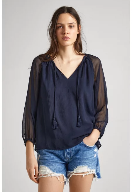 Блуза с шпиц и ефирни ръкави - Тъмносин