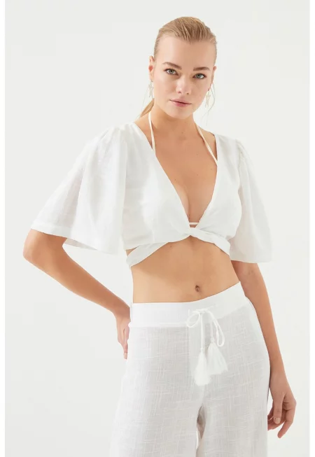 Блуза за плаж -  Памук/Вискоза - Жълта - Бял