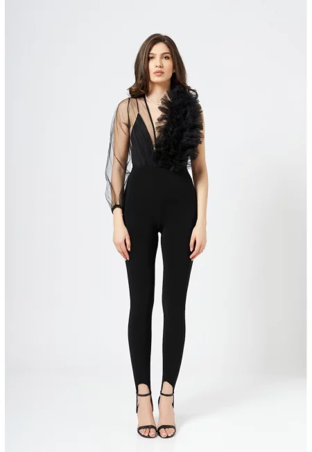 Боди тип блуза с тюл и мрежести детайли - Черен