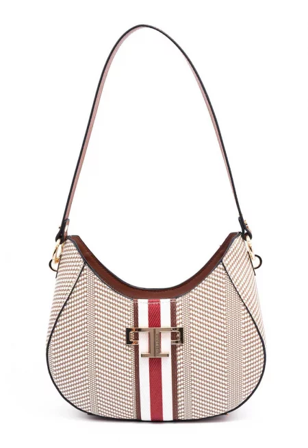 Чанта от екологична кожа с презрамка за рамо и десен - Бял - Бял/Кафяв