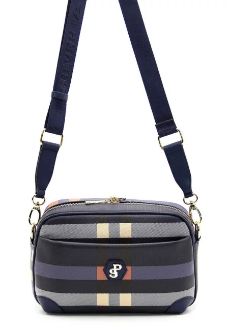 Чанта през рамо от еко кожа на каре - Ултрамарин синьо