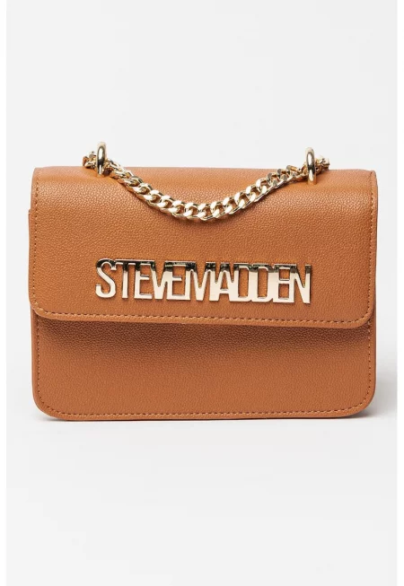 Чанта за рамо Stakes от еко кожа с метално лого - Канелено кафяво