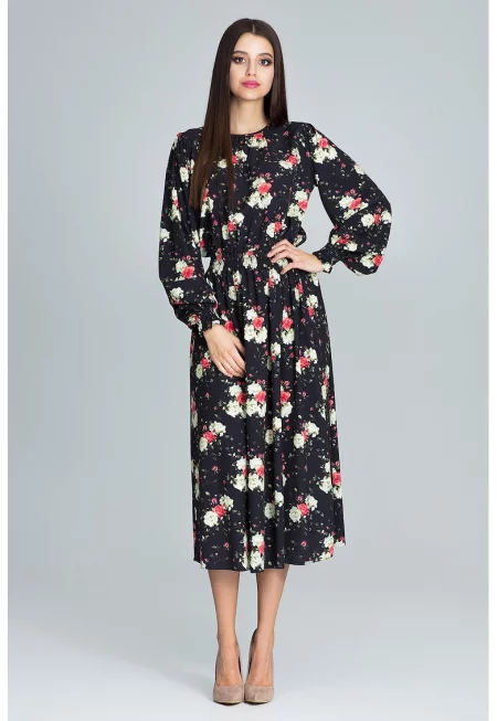 Дълга рокля  M600 - флорален принт - черна - полиестер - с дълги ръкави - SM