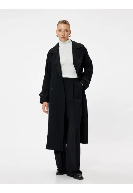 Дълго палто с двуредно закопчаване и двойни ревери - Черен