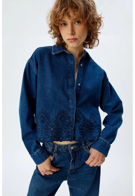 Дамска риза с дълъг ръкав  43563 - Памук - Тъмносин