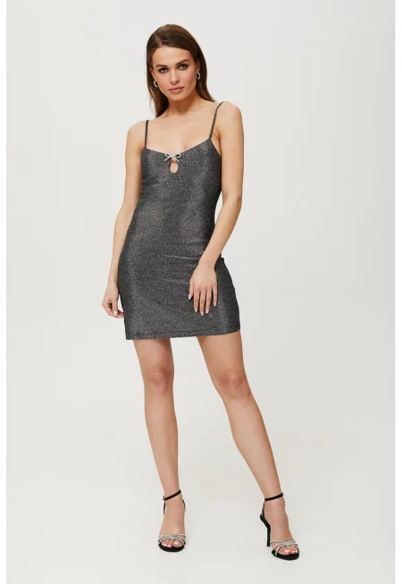Дамска рокля - металик мини с декоративни апликации - Полиестер - Сива