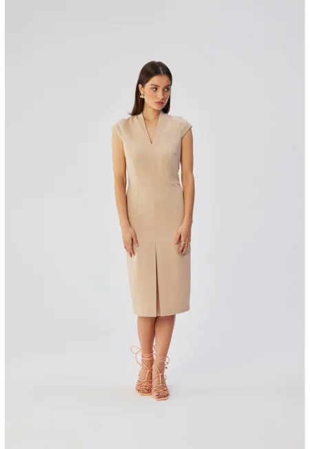 Дамска рокля тип молив с двойно деколте - полиестер - бежов - Черен