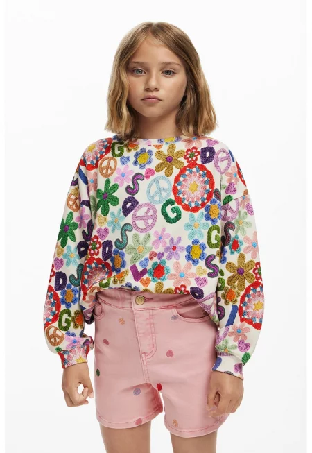 Дънков къс панталон с бродерии - Светлорозов