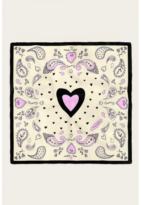 Десениран копринен шал - Черен/Аметист/Крем