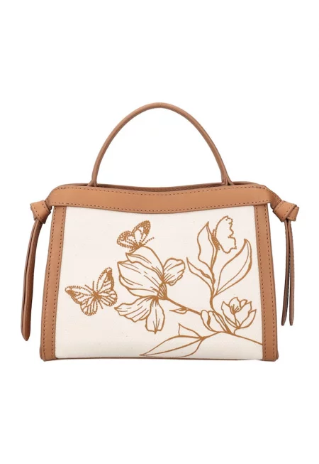 Флорална чанта през рамо - Слонова кост/Канелено кафяво