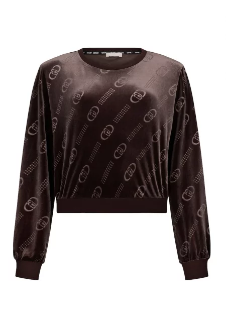 Кадифен суитшърт с лого - Тъмнокафяв