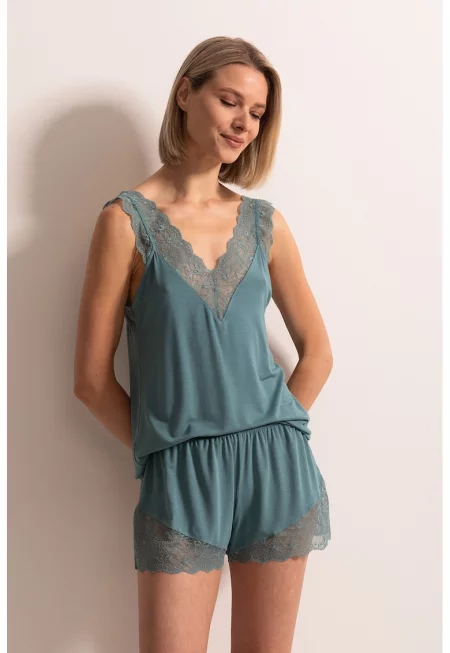 Къса пижама Alma с модал и дантела - Персийско зелено