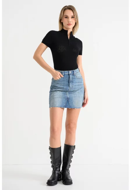 Къса пола от деним с висока талия - Прашно синьо