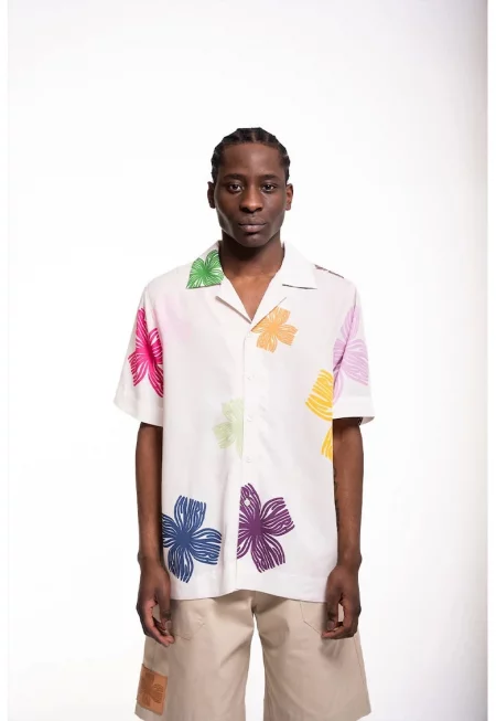 Къса ръкавна риза - оувърсайз - с флорален принт - Сив