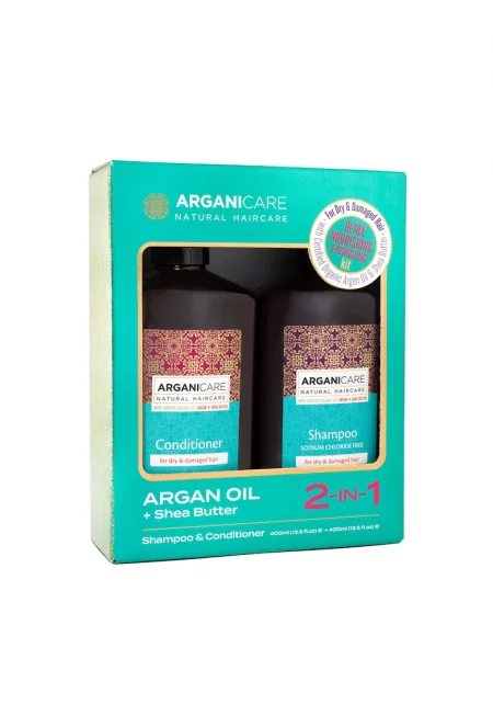 Комплект Aganicare: Шампоан и Балсам - С арганово масло и масло от шеа - За суха или увредена коса - 400 мл x2