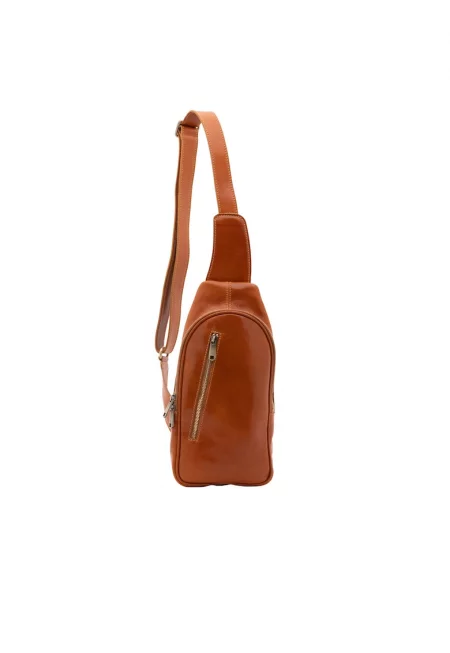 Кожена чанта с преден джоб с цип - Коняк кафяв