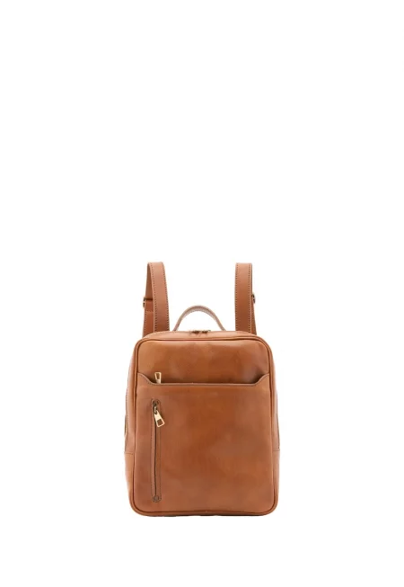 Кожена раница с джобове с цип - Карамел