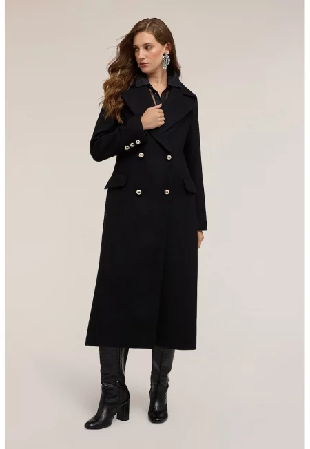 Палто с вълна и двуредно закопчаване - Черен