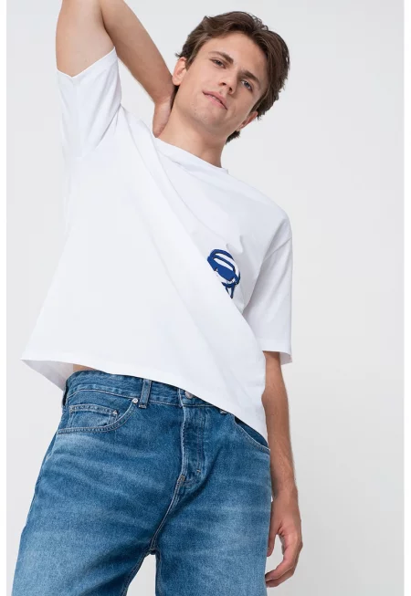 Памучна тениска с овално деколте и лого - Избеляло черно/Кралско Синьо/Мръснобял