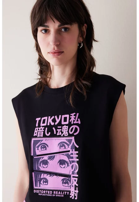 Памучно горнище на пижама с принт - Черен/Виолетов