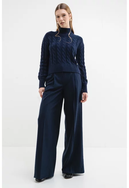 Плетен пуловер с вълна с рипсен подгъв