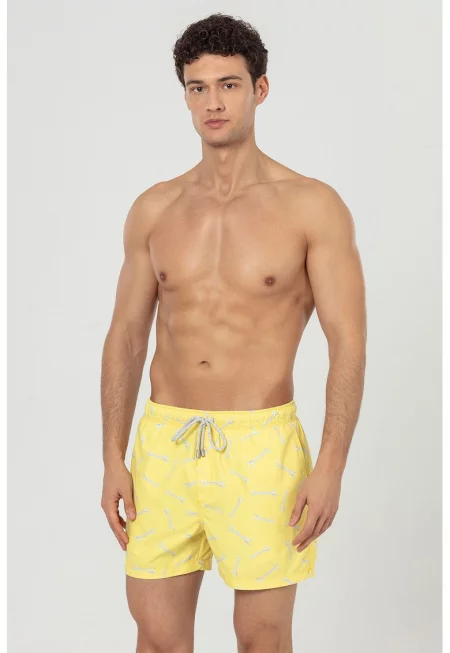 Плувни шорти с принт и джобове - Черен/Жълт