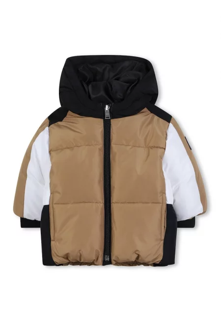Подплатено зимно яке с цветен блок - Бял/Черен/Бежов