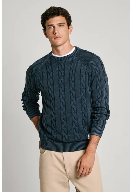 Пуловер с плетка осморка - Тъмносин