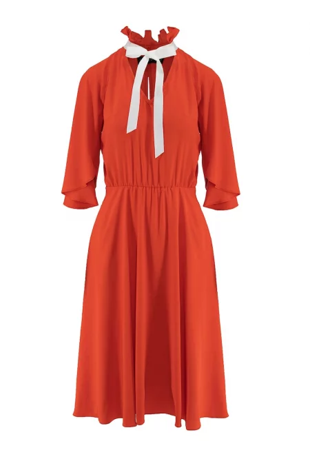 Разкроена рокля с панделка - Оранжев