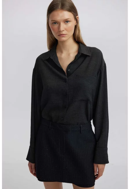 Рипсена риза с дълги ръкави - Избеляло черно