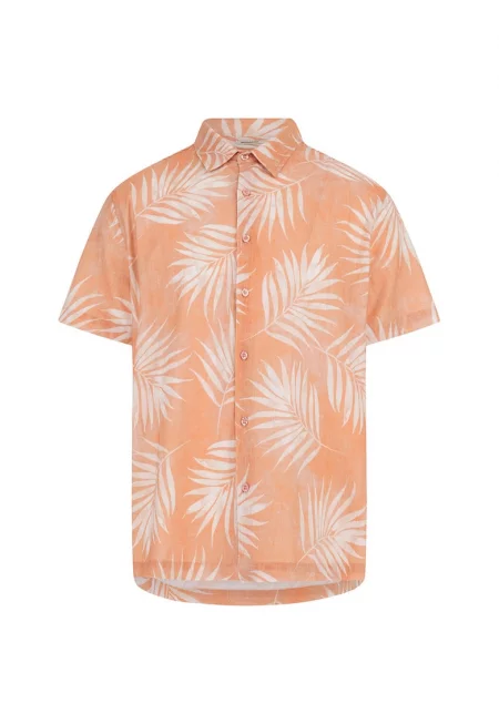 Риза с лен и памук с принт - Бял/Розова сьомга