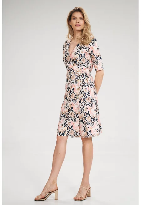 Рокля  M703 с флорални мотиви - полиестер - с копчета - къс ръкав - многоцветна