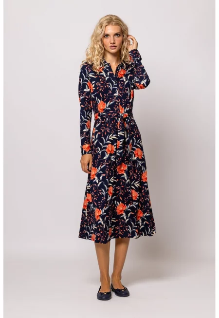 Рокля с връзка и принт - Бял/Корал/Тъмносин