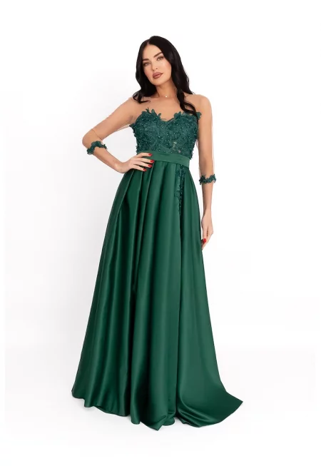 Сатенена рокля с тюл - Тъмнозелен