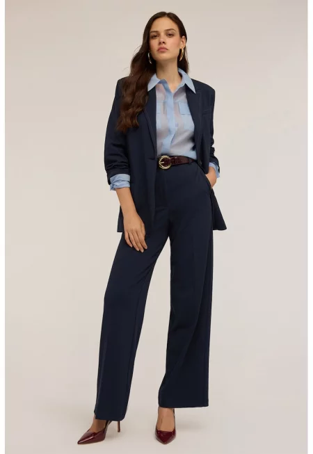 Широк панталон с висока талия - Тъмносин