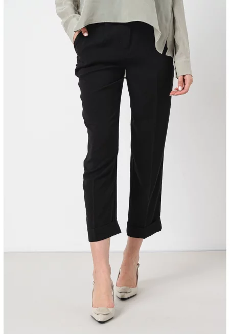 Скъсен и скосен панталон с висока талия - Черен