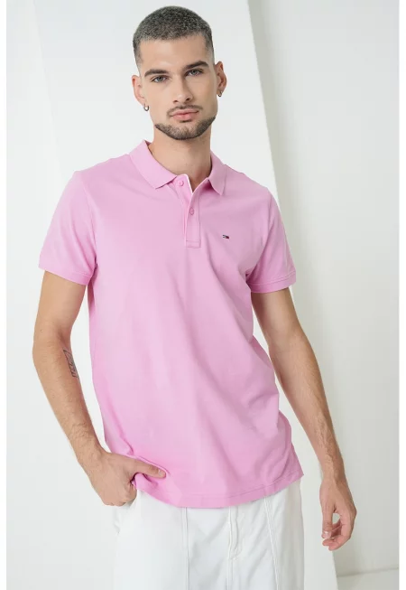 Слим памучна тениска с яка - Розово