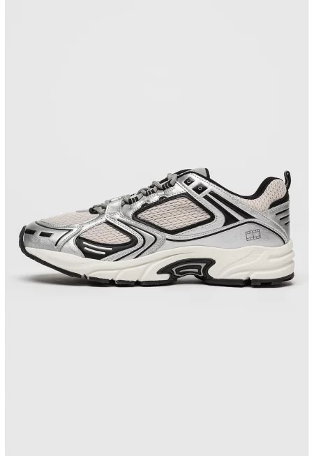 Спортни обувки от еко кожа и мрежеста материя - Черен/Светло кафяво/Сребрист