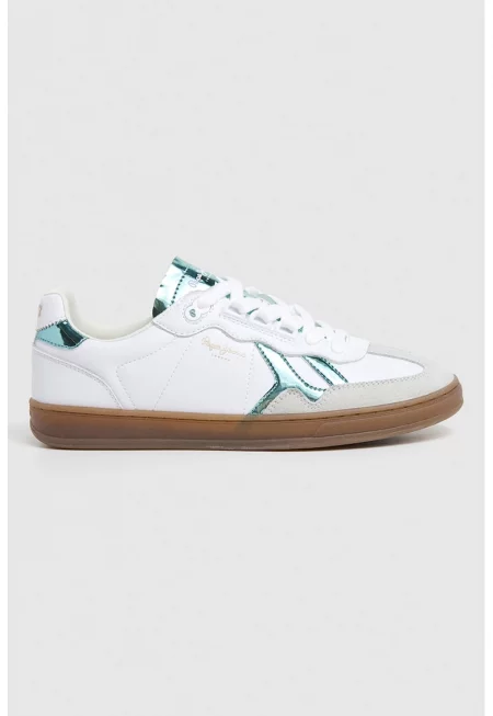 Спортни обувки с кожа и велур - Бял/Зелен/Светло сив