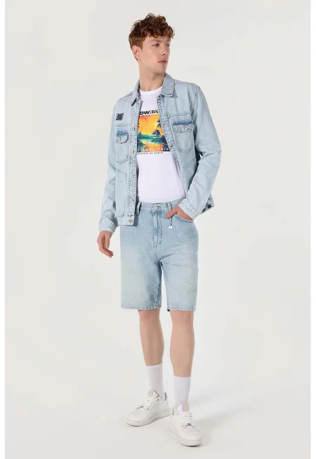 Свободен дънков къс панталон - Светлосин