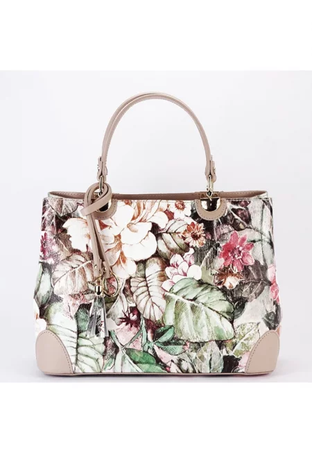 Таупе чанта с щампа на цветя от естествена кожа 1330 M9 16914 - Сиво-кафяв