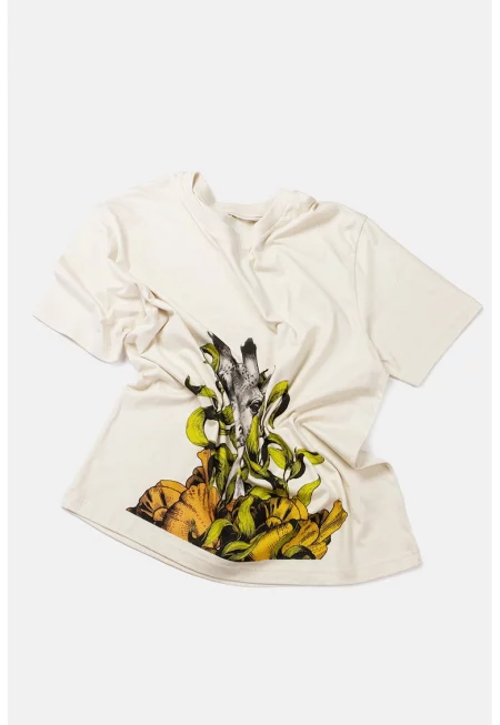 Тениска от органичен памук с щампа - Сив/Жълт/Крем