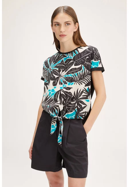 Тениска с шарка и овално деколте - Бял/Черен/Тюркоаз