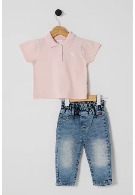 Тениска с яка и дънки - 2 части - Тъмносин/Пастелнорозов