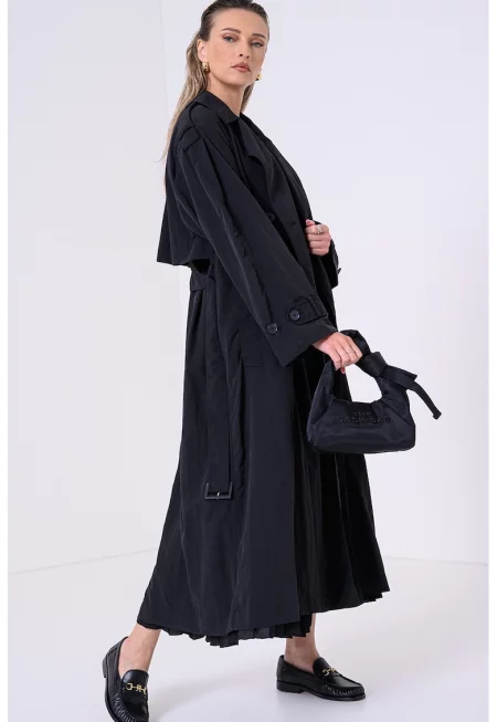 Тренч с копчета и колан - Черен